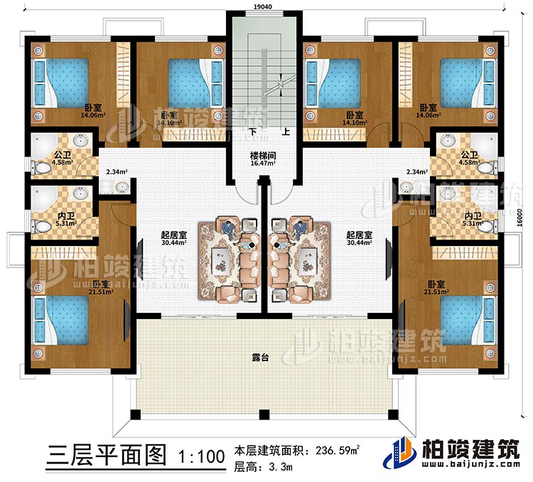 三层：2起居室、楼梯间、6卧室、2公卫、2内卫、露台
